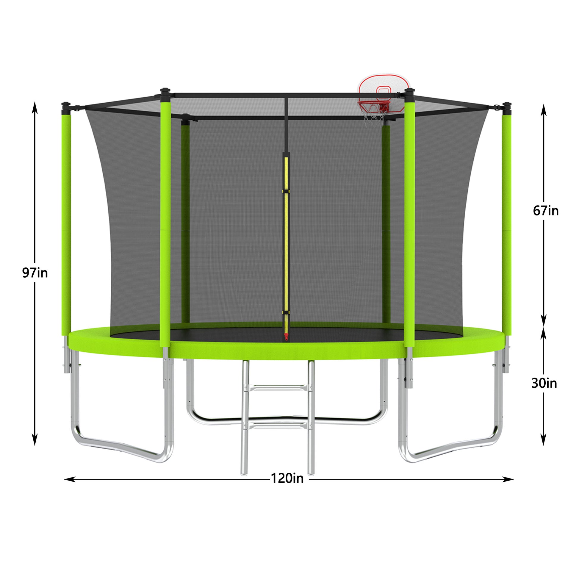 10Ft Trampoline For Kids, Basketball Hoop And Ladder, Outdoor Kids Trampoline With Safety Enclosure,Fast Assembly For Backyard Fun,Astm Approved Green Metal