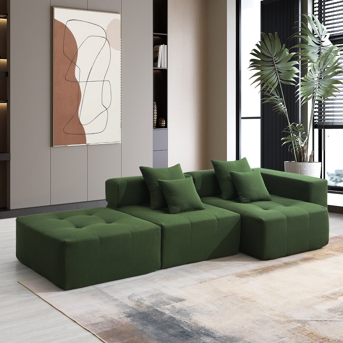 105.5'' L Shaped Modular Sectional Sofa,Minimalist Corduroy Floor Couch Set,Convertible Foam Filled Cloud Couch For Living Room,3 Pc Free Combination,No Assembly Required,3 Colors Green Corduroy 4 Seat