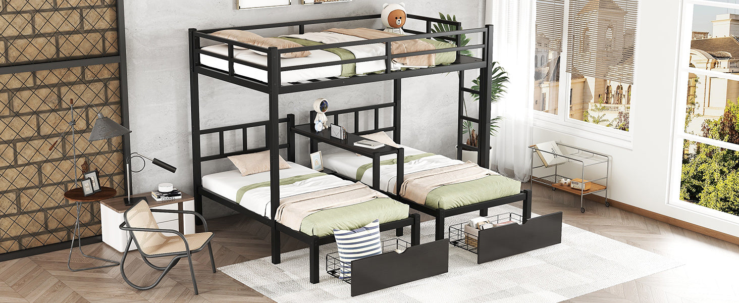 Full Xl Over Twin & Twin Triple Bunk Bed With Drawers, Multi Functional Metal Frame Bed With Desks And Shelves In The Middle, Black Full Xl Black Metal