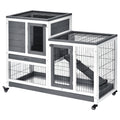 Pawhut Wooden Rabbit Hutch Elevated Bunny Cage Indoor Small Animal Habitat With Enclosed Run With Wheels, Ramp, Removable Tray Ideal For Guinea Pigs, Grey Grey White Wood