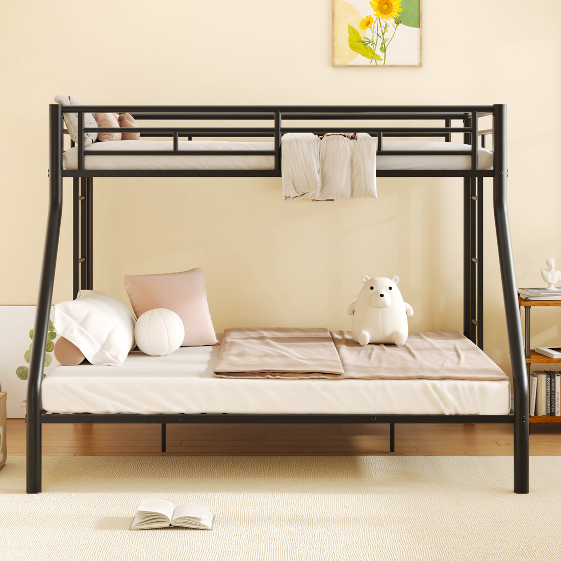 Twin Xl Over Queen Metal Bunk Bed With Ladder And Guardrails, Black Expected Arrival Time: 9.7 Box Spring Not Required Twin Xl Black Metal Metal