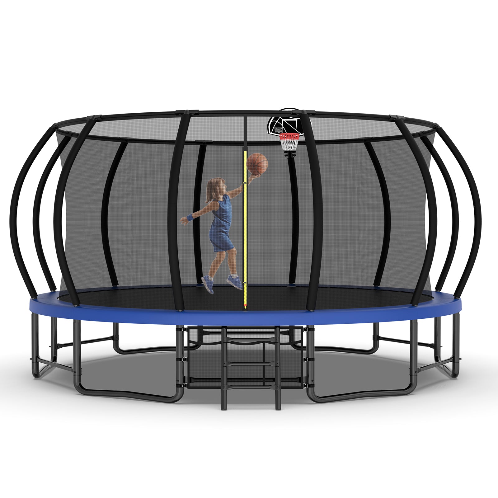 16Ft Outdoor Trampoline For Kids And Adults, Pumpkin Trampolines With Curved Poles,Heavy Duty Trampoline Anti Rust Coating Astm Approval Blue Steel