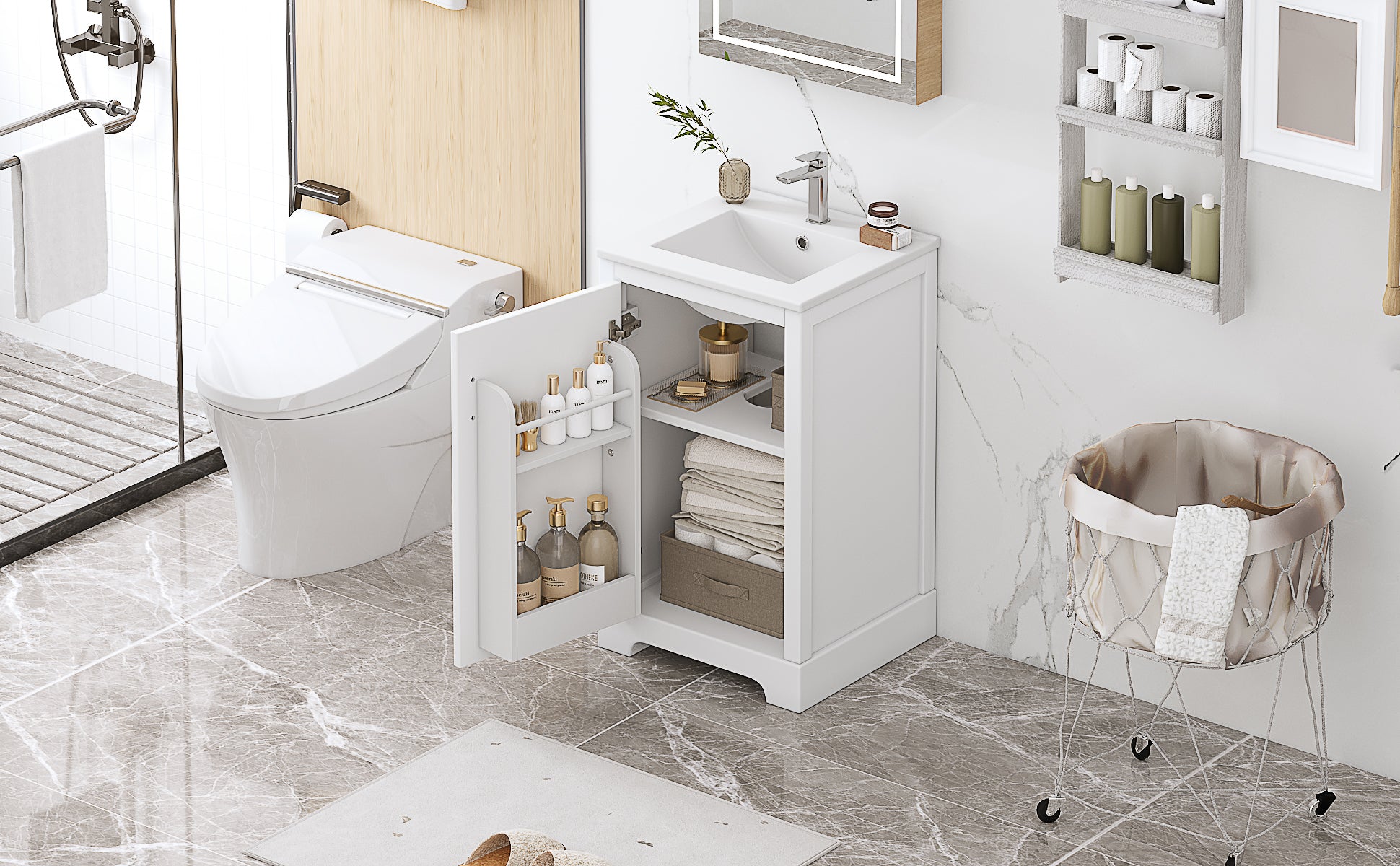 20" Bathroom Vanity With Sink, Bathroom Cabinet With Soft Closing Door, Storage Rack And Adjustable Shelve, White White Mdf