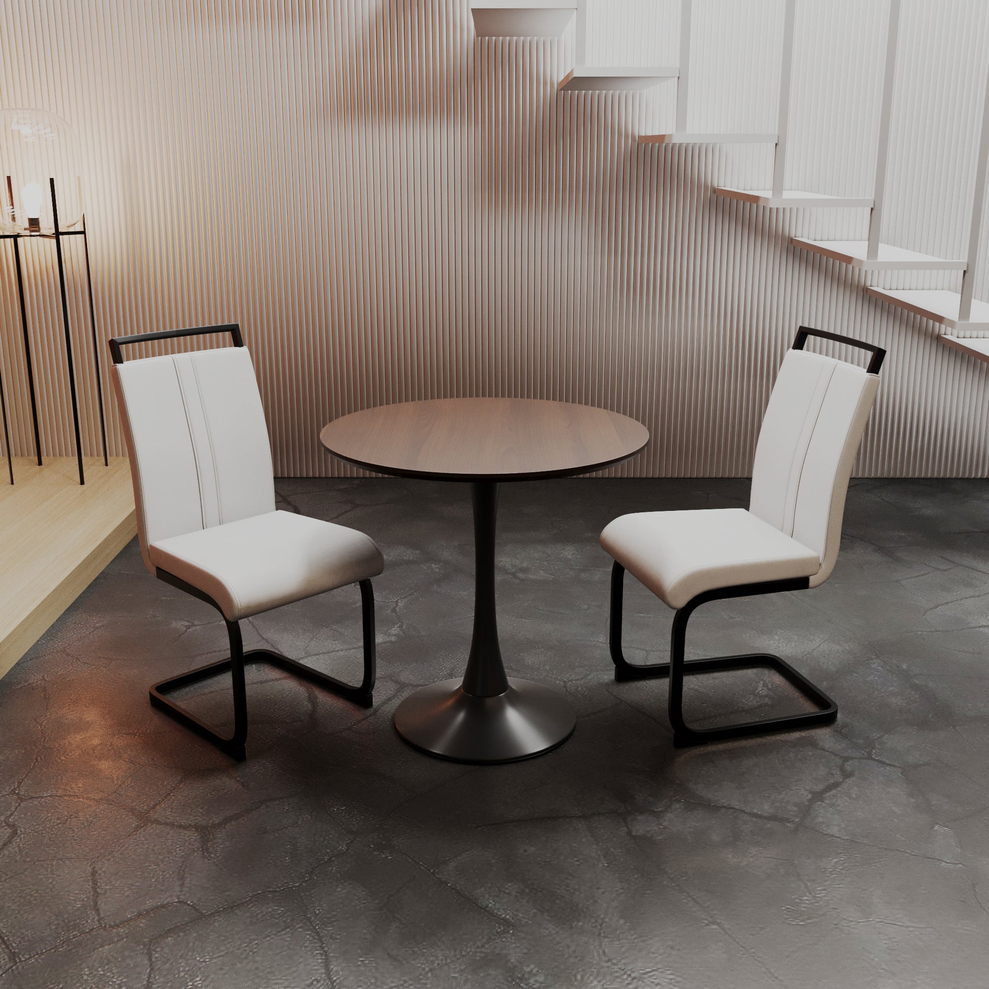 Walnut Circular Dining Table, 31.5 "Tulip Dining Table, Kitchen Dining Table For 2 4 People, Mdf Tabletop And Base, And 2 White Pu Black Metal Leg Dining Chairs Set 2 Walnut Mdf
