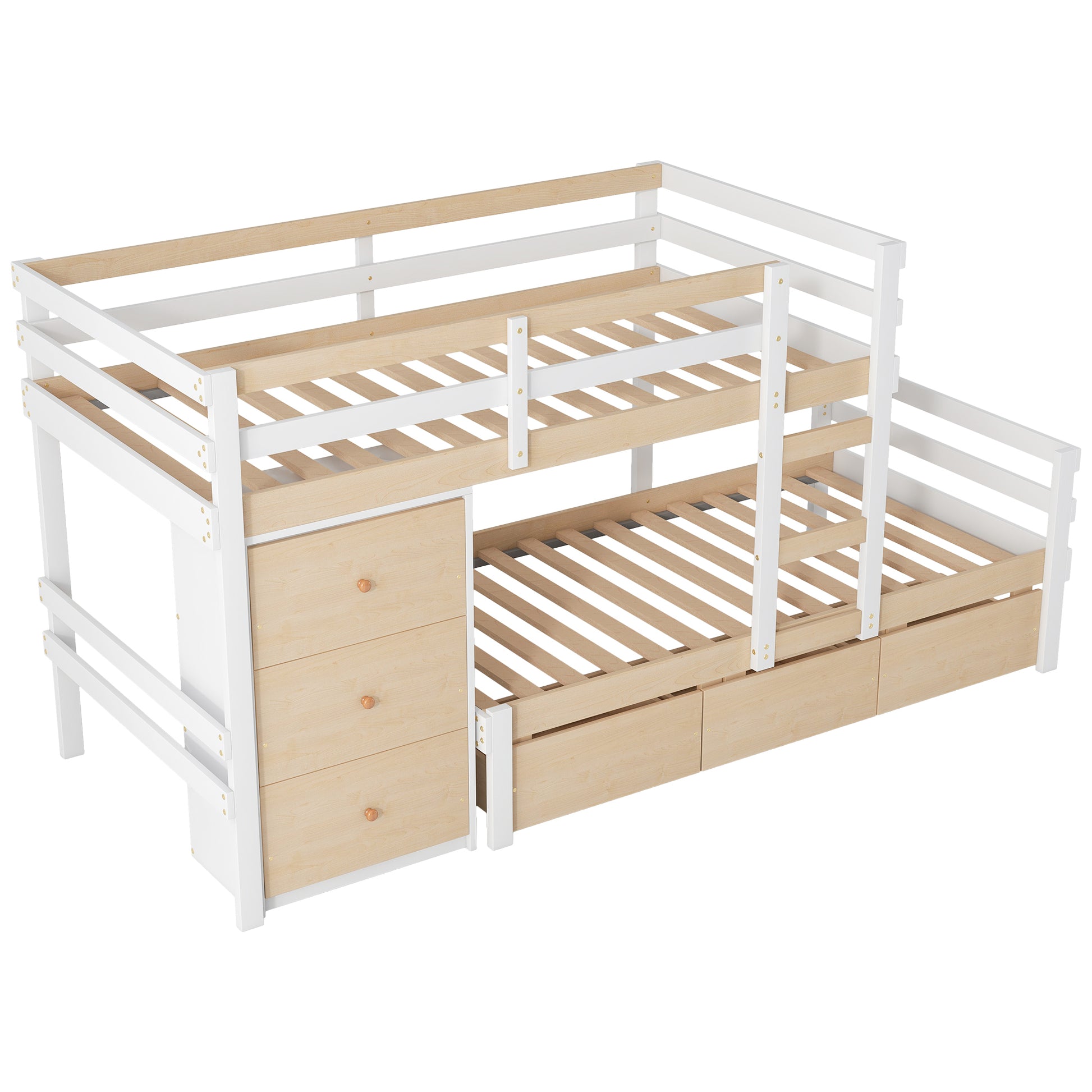 Twin Over Twin Loft Bunk Bed With Drawers And Ladder, Natural Twin Natural Pine