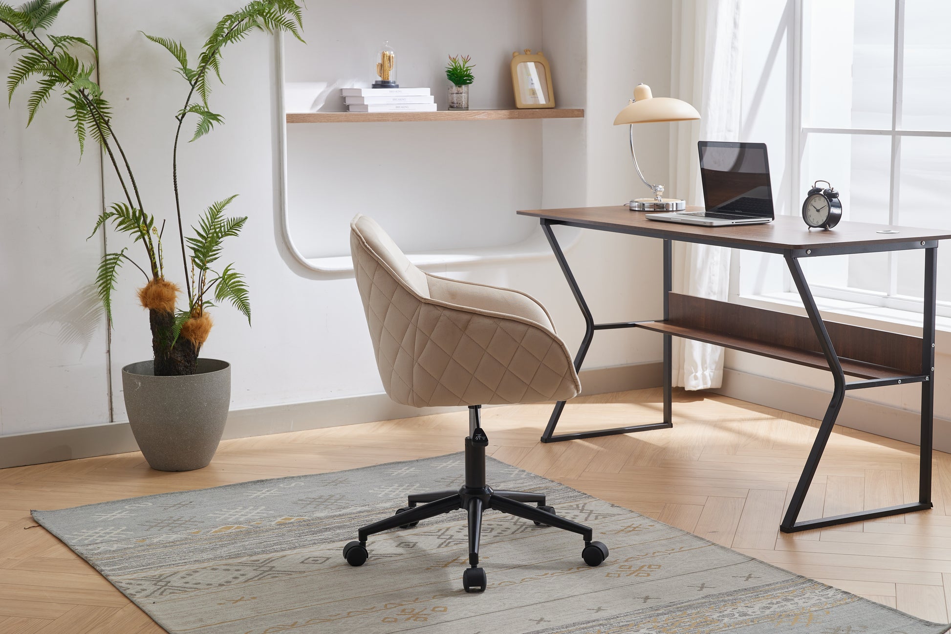 Velvet Office Desk Chair, Modern Home Desk Chair With Wheelsvanity Chairs For Living Room, Bedroom,Study Room Light Camel Foam Polyester Blend