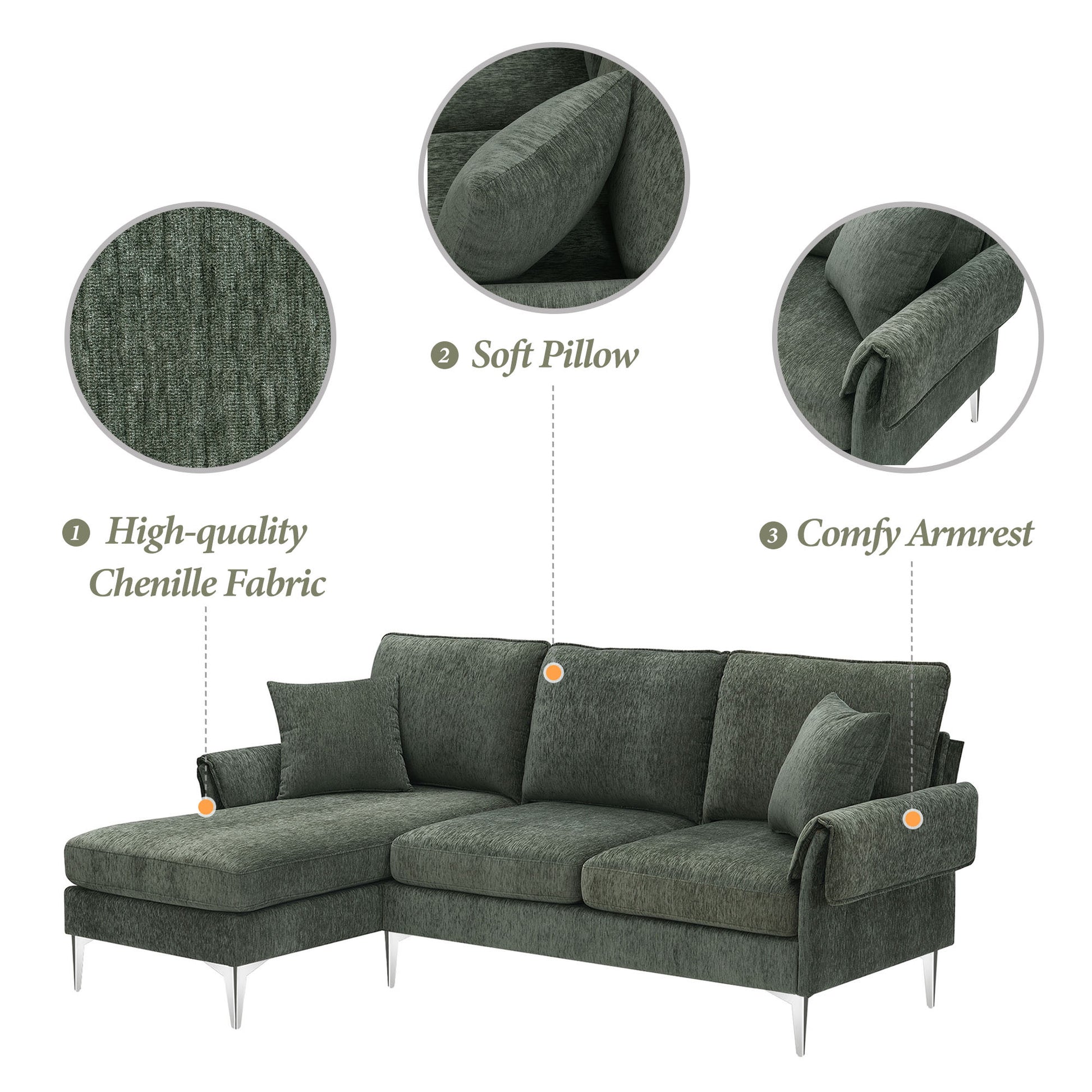 84 "Modern Chenille L Shaped Sofa With Reversible Lounge,Convertible Sectional Couch Set,4 Seat Indoor Furniture With Reversible Chaise,Fit For Living Room, Apartment 2 Pillows Green Chenille 4 Seat