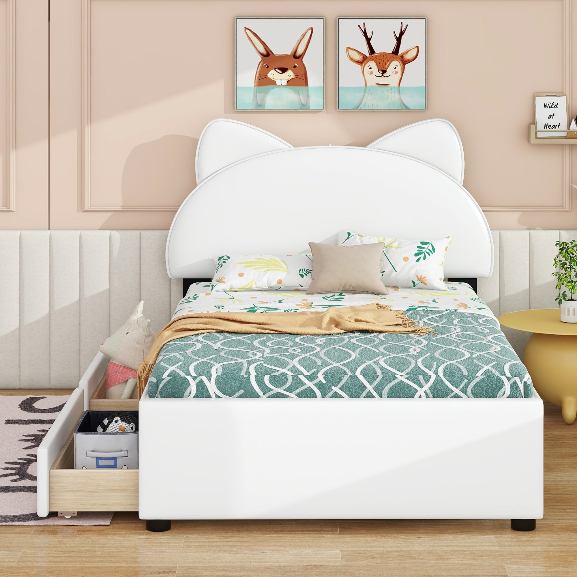 Twin Size Upholstered Platform Bed With Cartoon Ears Shaped Headboard And 2 Drawers, White Box Spring Not Required Twin White Wood Bedroom Bed Frame Faux Leather Upholstered