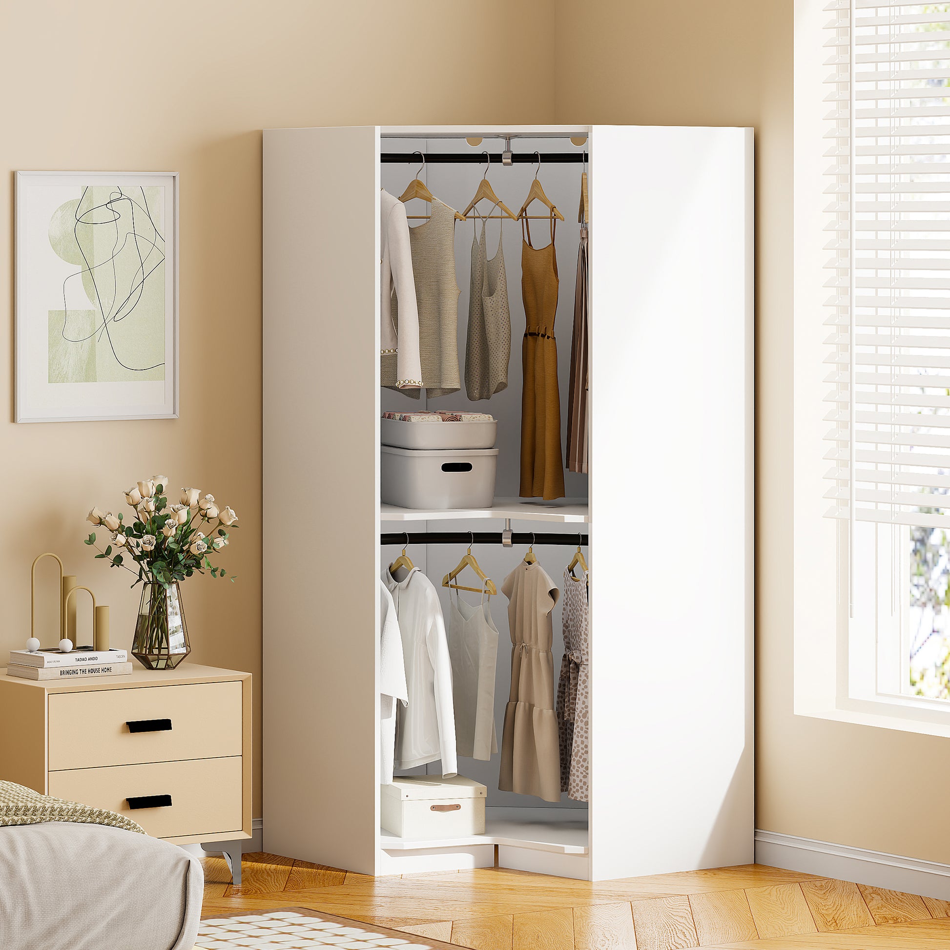 Polygon Corner Wardrobe, White White Particle Board