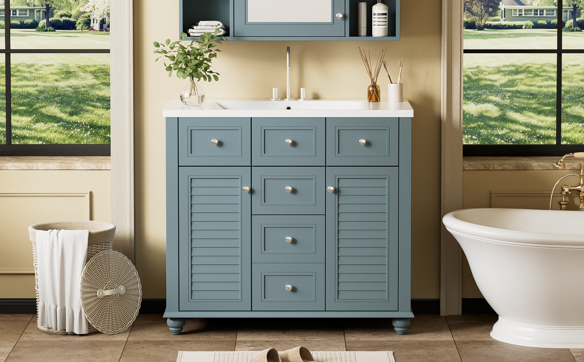 36" Bathroom Vanity Cabinet With Sink Combo Set, Undermount Resin Sink, Free Standing Vanity Set With 2 Drawers& Soft Closing Doors, Solid Wood Frame Bathroom Cabinet, Blue 2 Blue 2 Bathroom Freestanding French Country Solid Wood Mdf Resin Painted