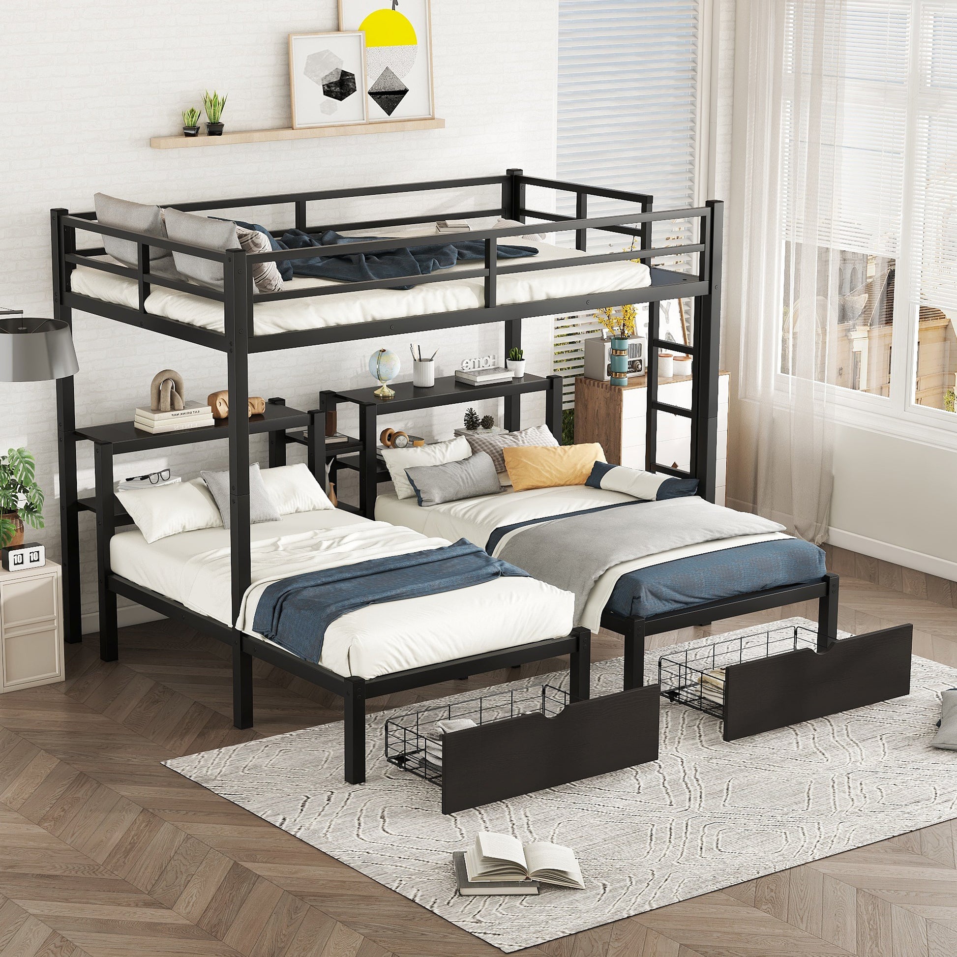 Full Xl Over Twin & Twin Triple Bunk Bed With Drawers,Multi Functional Metal Frame Bed, Bed Head With Shelving, Black Full Xl Black Metal