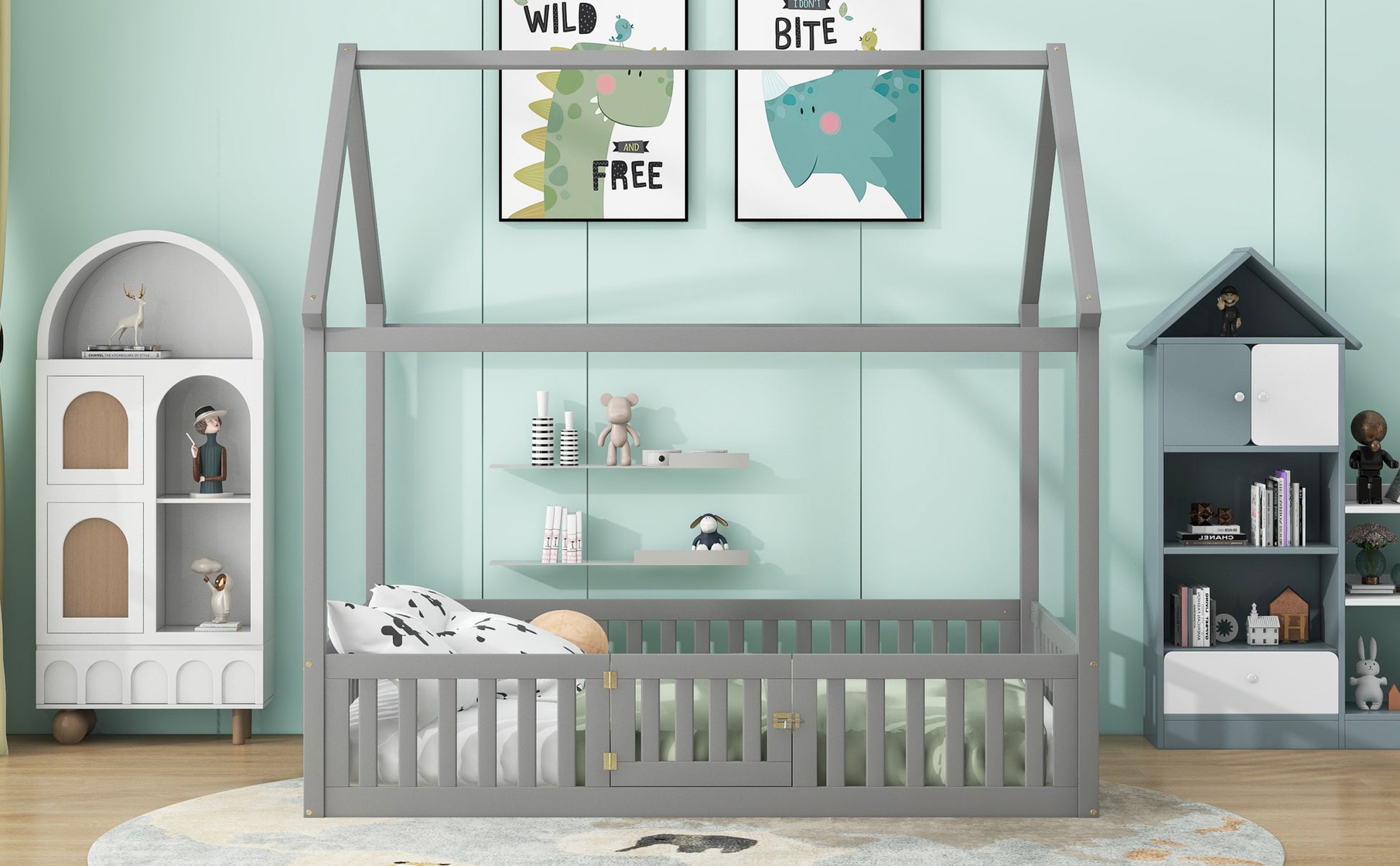 Full Size Wood House Bed With Fence And Door, Gray Box Spring Not Required Full Gray Wood Bedroom Bed Frame Pine