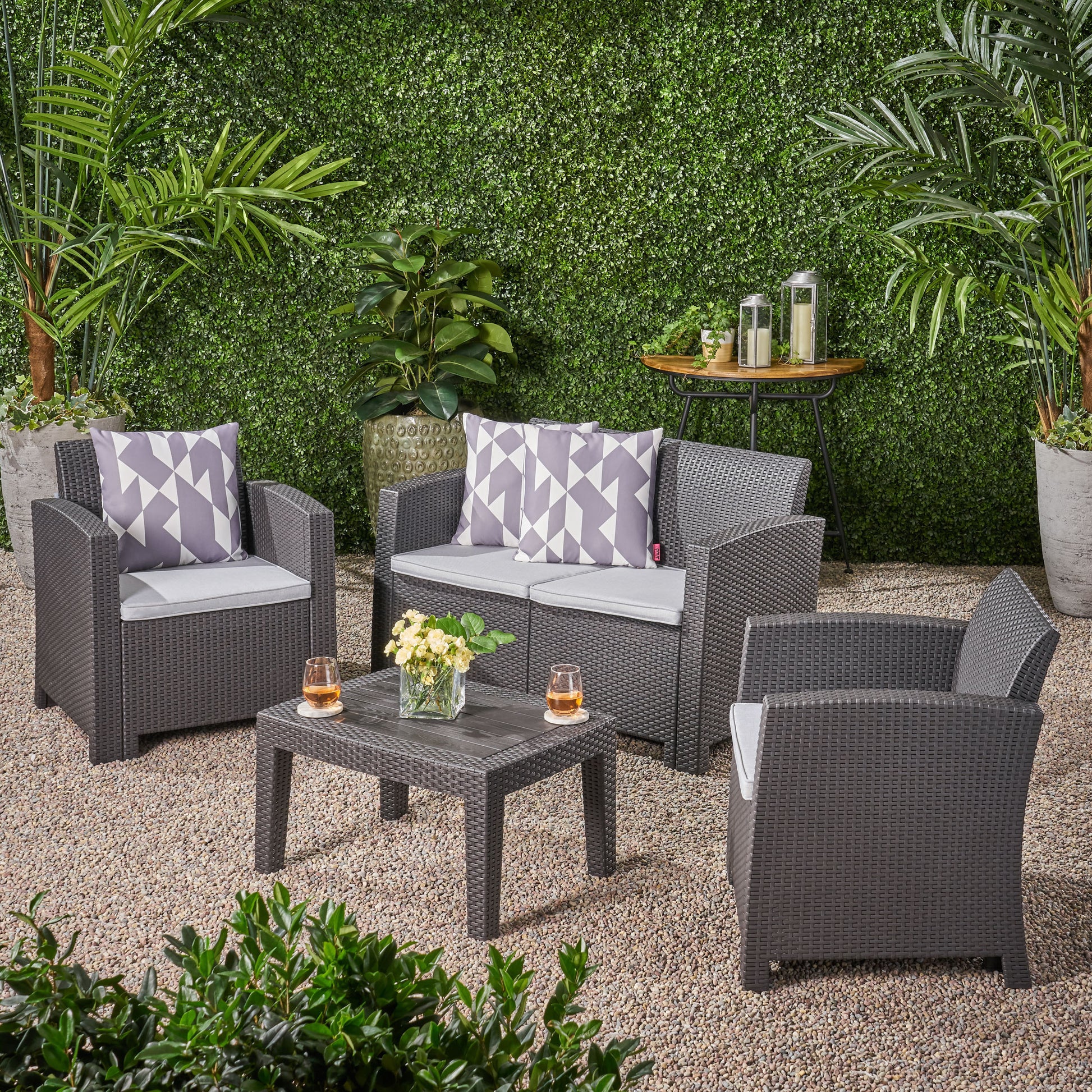 Outdoor Faux Wicker Rattan Style Chat Set With Water Resistant Cushions, 4 Pcs Set, Charcoal Light Grey Grey Rattan Waterproof Fabric