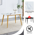 Modern Minimalist Dining Table. White Imitation Marble Patterned Stone Burning Tabletop With Golden Metal Legs. 50 