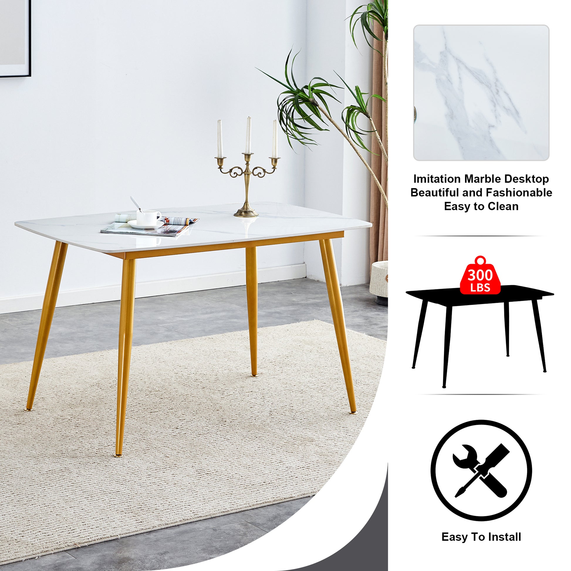 Modern Minimalist Dining Table. White Imitation Marble Patterned Stone Burning Tabletop With Golden Metal Legs. 50 "* 30" * 30 "F 001 Gold Sintered Stone