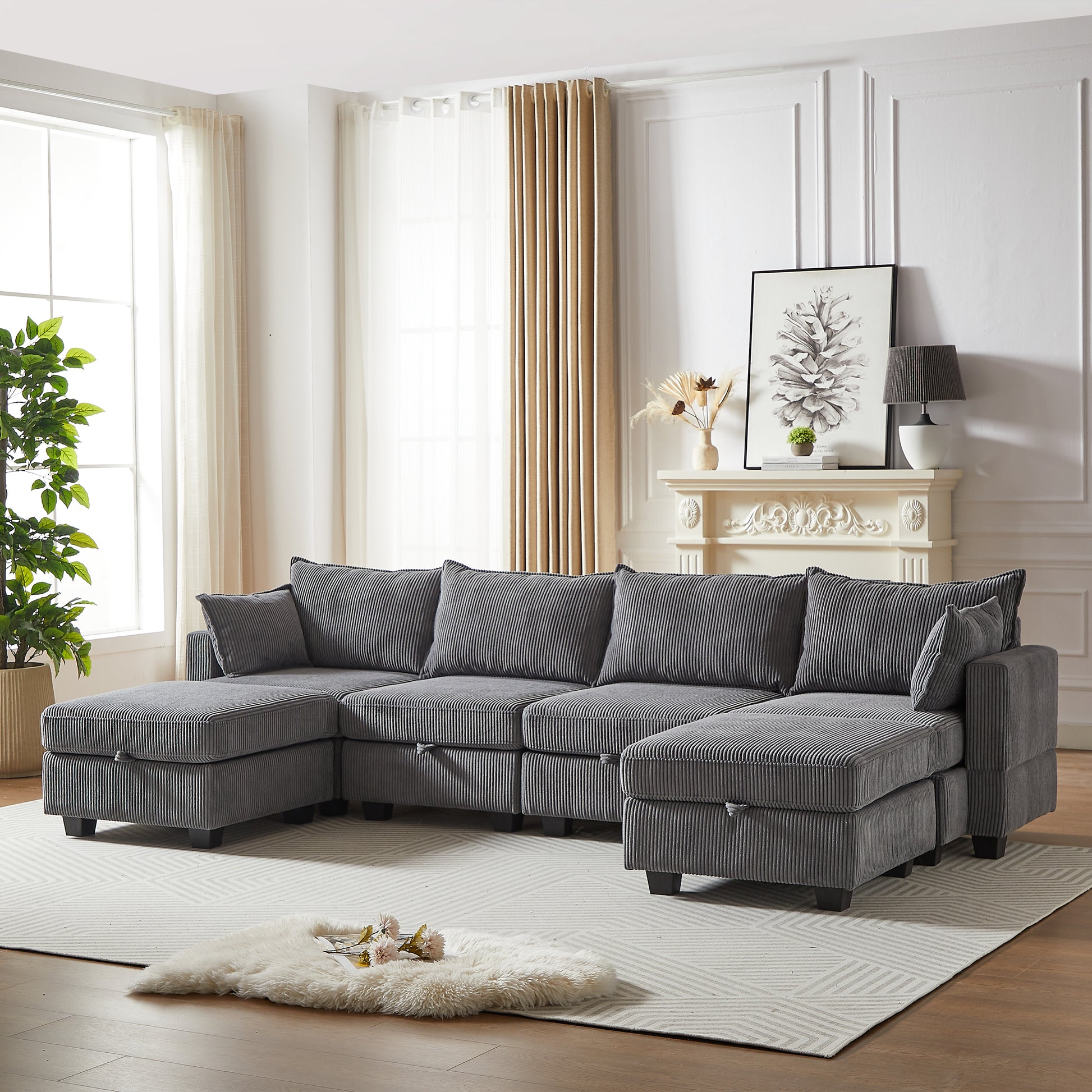 113.5'' Modular Sectiona Corduroy Sofa, Sectional Couches For Living Room U Shaped Sectional Couch With Storage Ottoman, 6 Seats Convertible Sectionals With Chaise Dark Gray Corduroy 6 Seat