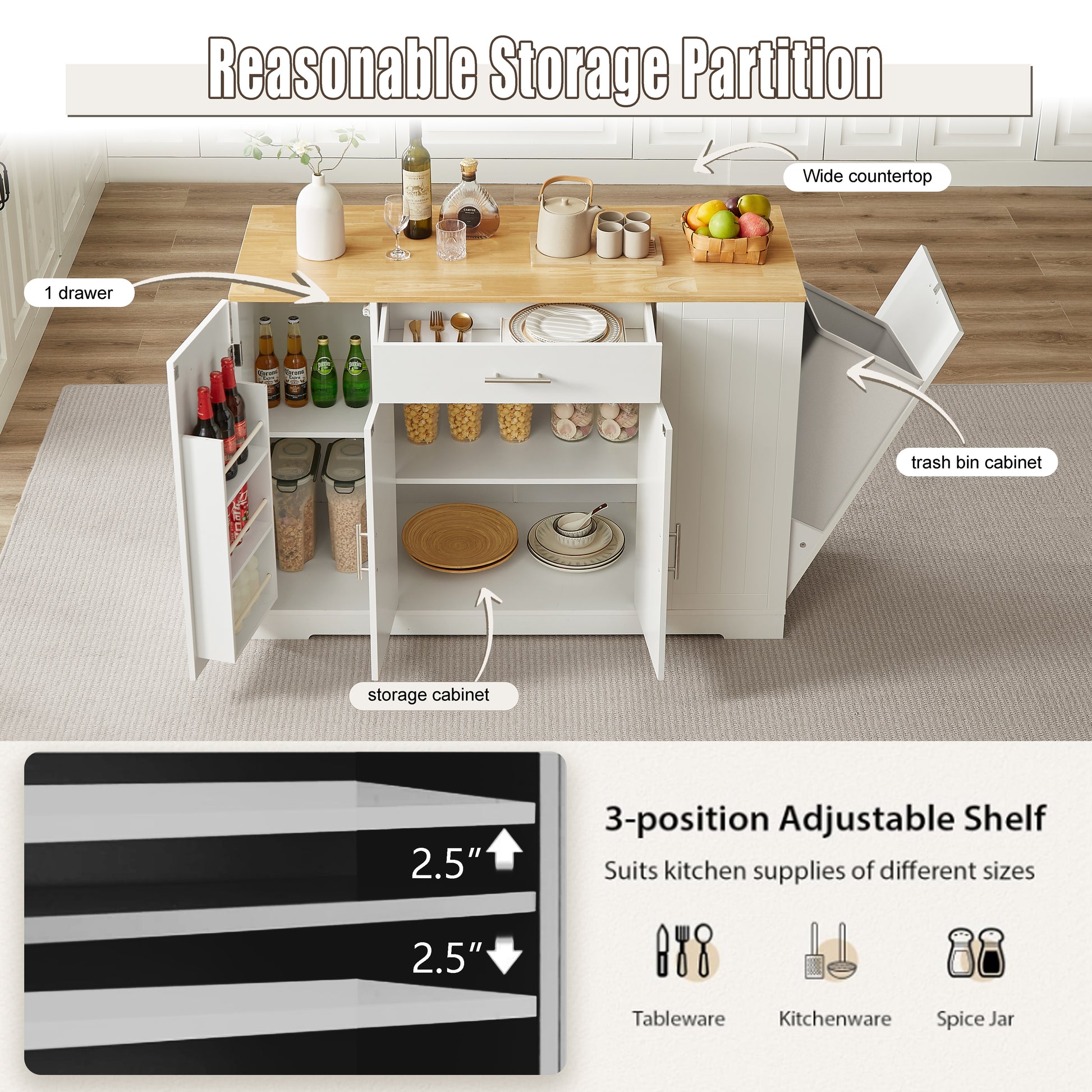 53 Inch Large Kitchen Island With Trash Can Storage Cabinet, Islands Table With Drawer And Adjustable Shelves, Breakfast Bar Cabinet For 13 Gallon Garbage Bin, White & Oak White Particle Board