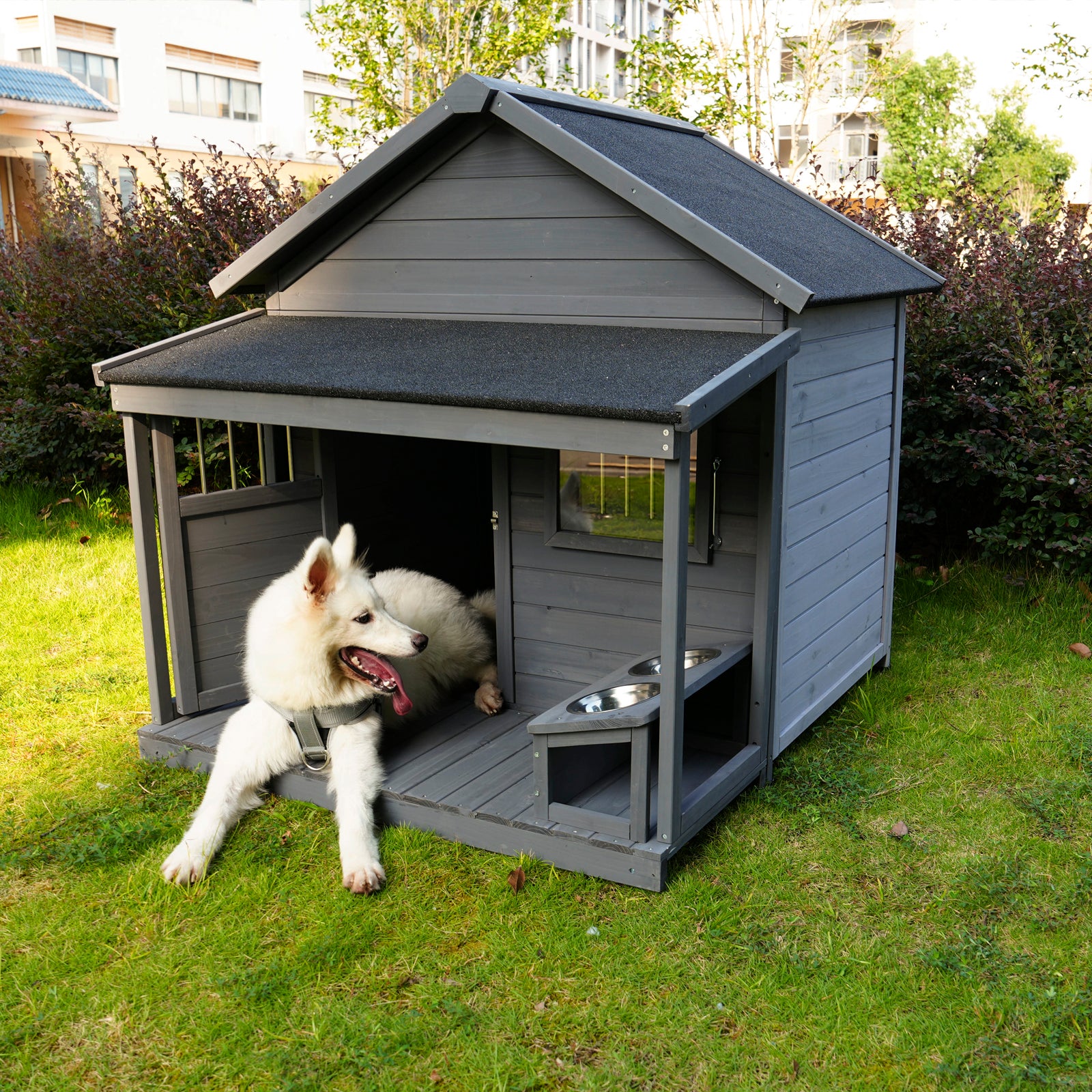 Large Dog House, Long 44.2" X Wide 44.6" X High 44.6" Solid Wood Asphalt Roof Dog House With Large Terrace For Large Dogs, Weatherproof Large Dog House Improved ,Small Wooden Doors That Can Be Locked Gray Solid Wood