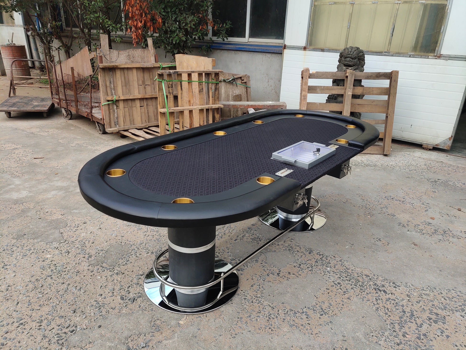 96" Poker Table For Casino Game Texas Holdem Oval Black With Waterproof Felt Chips Tray Drop Box Black Primary Living Space Modern Wood