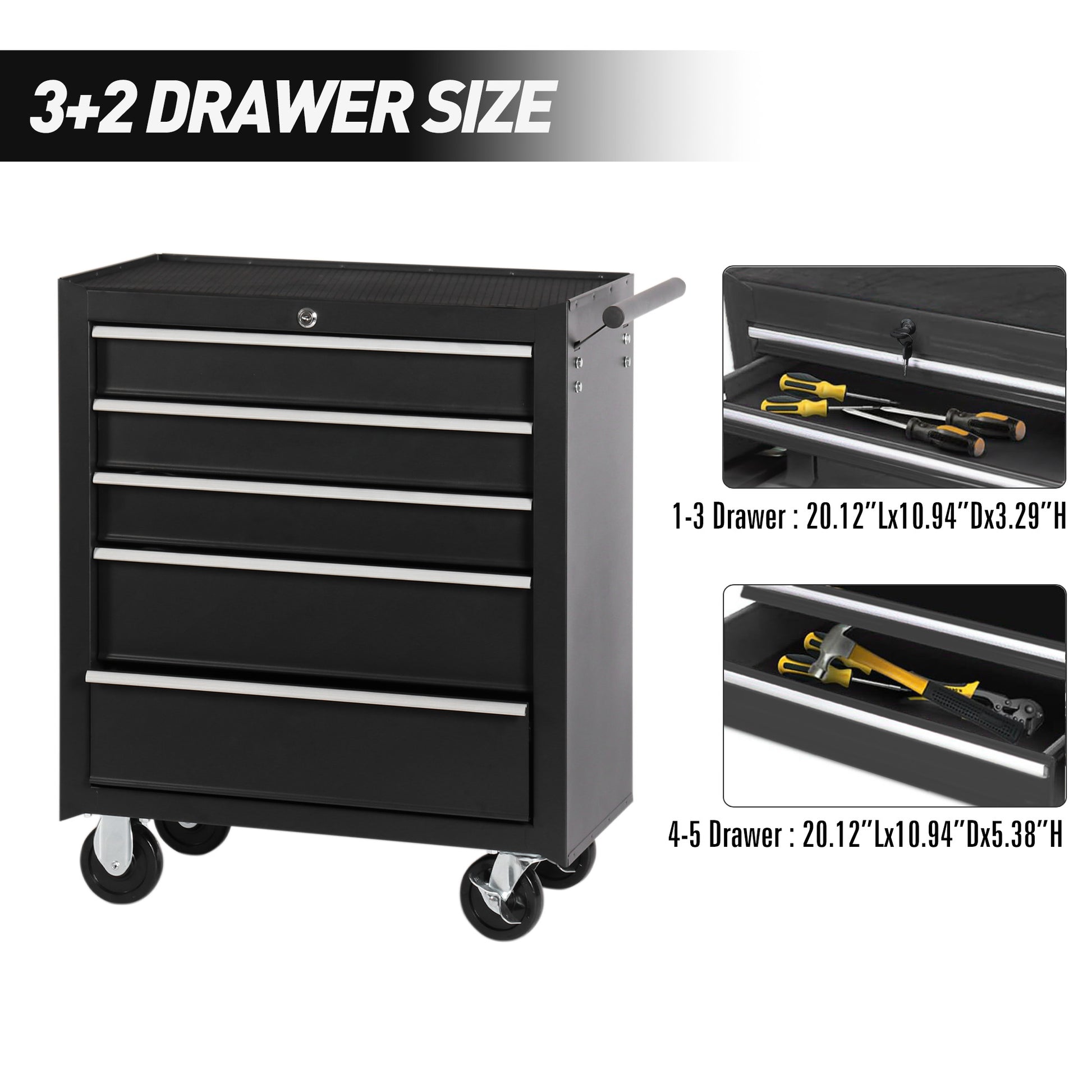 5 Drawer Rolling Tool Chest W Lock & Key, Tool Storage Cabinet With Wheels, Top Cushion & Drawer Liners, Tool Organizer Box For Garage, Warehouse & Repair Shop Black Steel