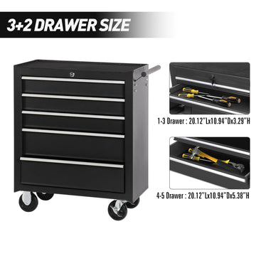 5 Drawer Rolling Tool Chest W Lock & Key, Tool Storage Cabinet With Wheels, Top Cushion & Drawer Liners, Tool Organizer Box For Garage, Warehouse & Repair Shop Black Steel
