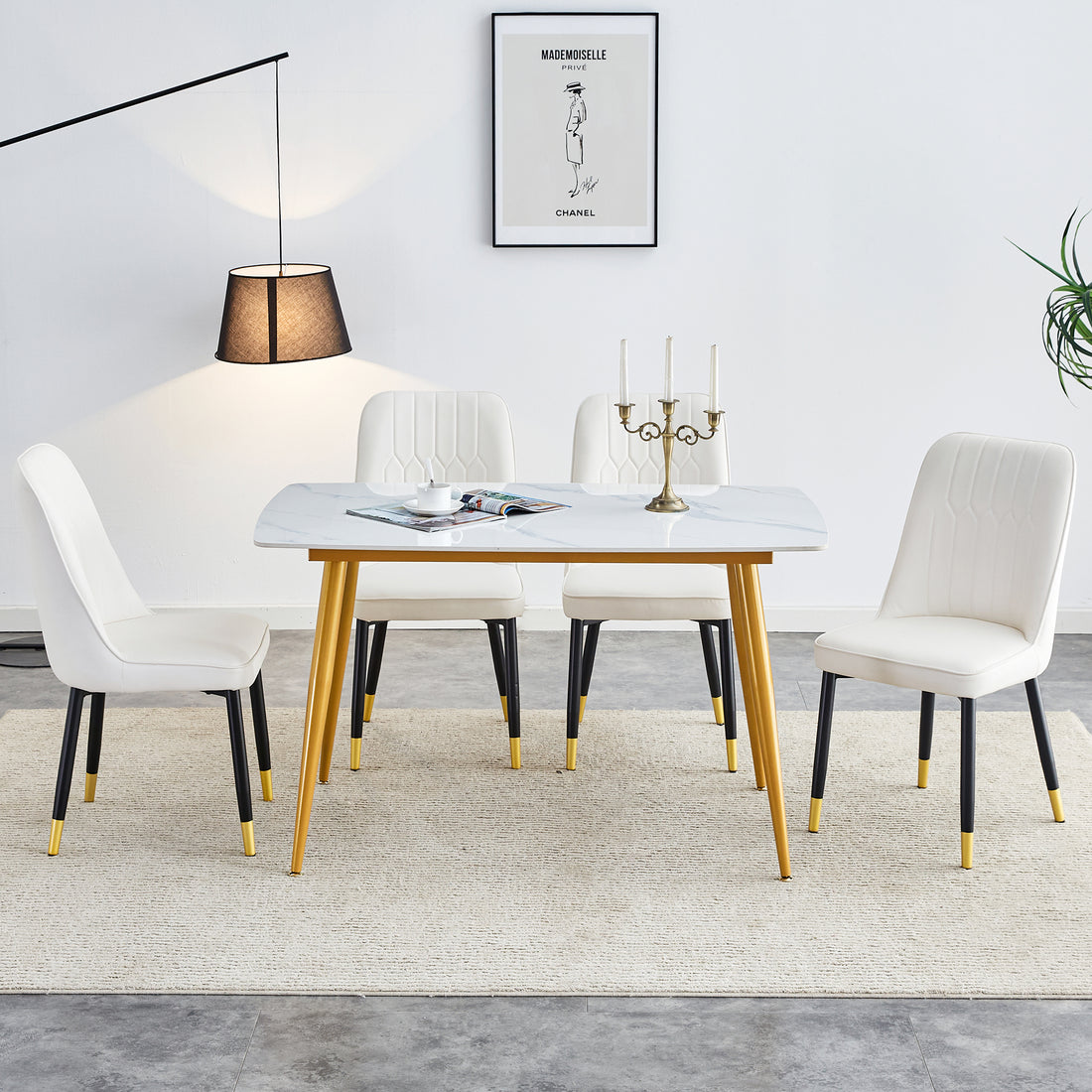 Table And Chair Set.A Morden Table With White Imitation Marble Patterned Stone Burning Tabletop With Golden Metal Legs.Paried With 4 Chairs With Pu Leather Backrest And Black Metal Legs. Black,White Gold Seats 4 Metal,Sintered Stone