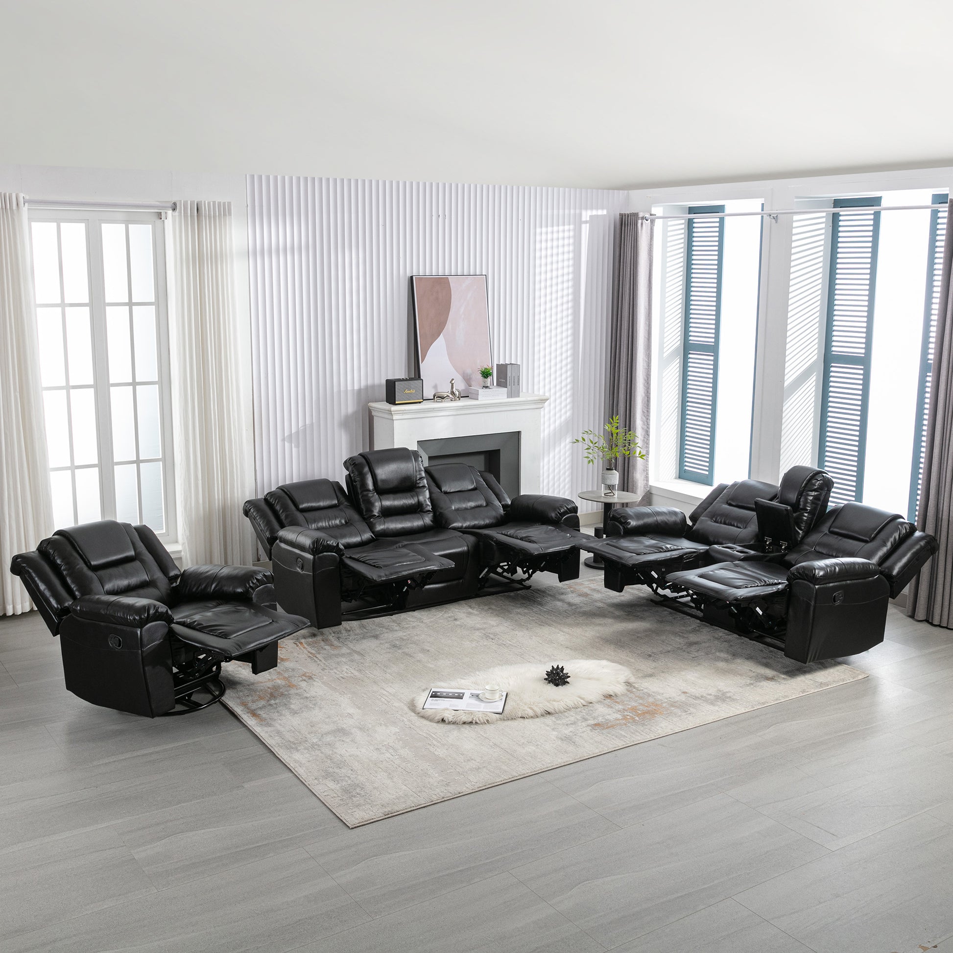 Home Theater Recliner Set Manual Recliner Chair With Wide Armrest, Two Built In Cup Holders For Living Room,Bedroom, Black Old Sku:Sg000760Aab Black Foam Pu Leather