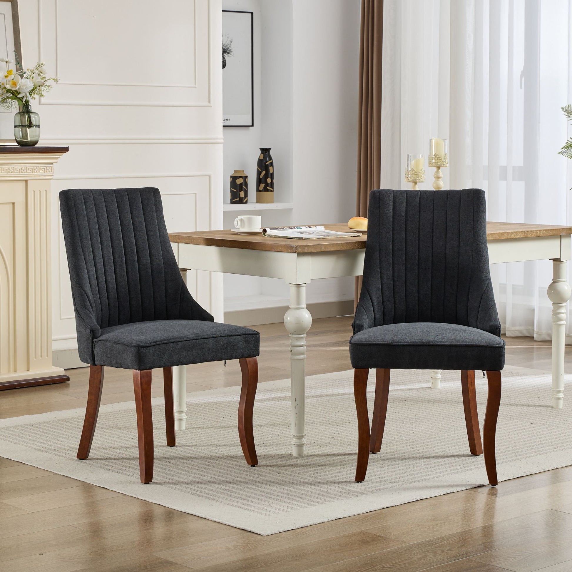 Rayon Cloth Flocking Linen Dining Chairs Channel Kitchen Dinner Chair Comfy Fabric Upholstered Accent Chair For Dining Room With Curved Solid Wood Legs,Set Of 2 Black , Sw1847Bk Black Light Brown