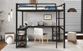 Full Metal Loft Bed With Desk And Shelves, Loft Bed With Ladder And Guardrails, Loft Bed Frame For Bedroom, Black With Black Desk Full Black Metal