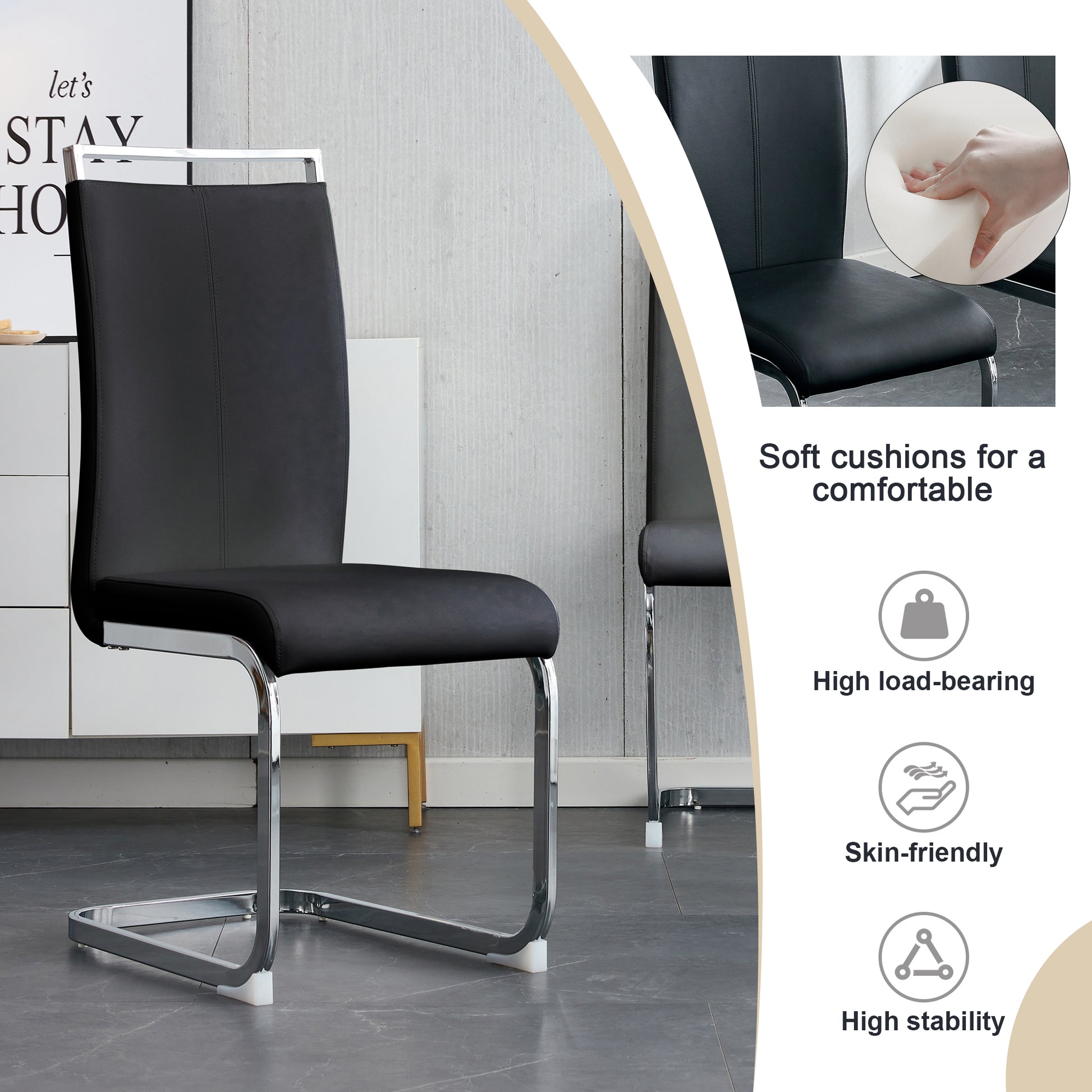 Table And Chair Set.A Rustic Industrial Rectangular Mdf Black Dining Table With Mdf Desktop And Electroplated Silver Metal Legs.Paried With 6 Chairs With Pu Cushion And Metal Legs. Black,Silver Seats 6 Mdf Metal