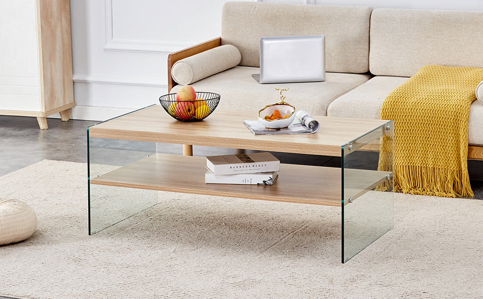 Double Layered Rectangular Coffee Table.The Board Is Made Of Mdf With Wooden Stickers, With Transparent Tempered Glass On Both Side.Suitable For Various Occasions Such As Living Rooms And Bedrooms. Wood Mdf Glass