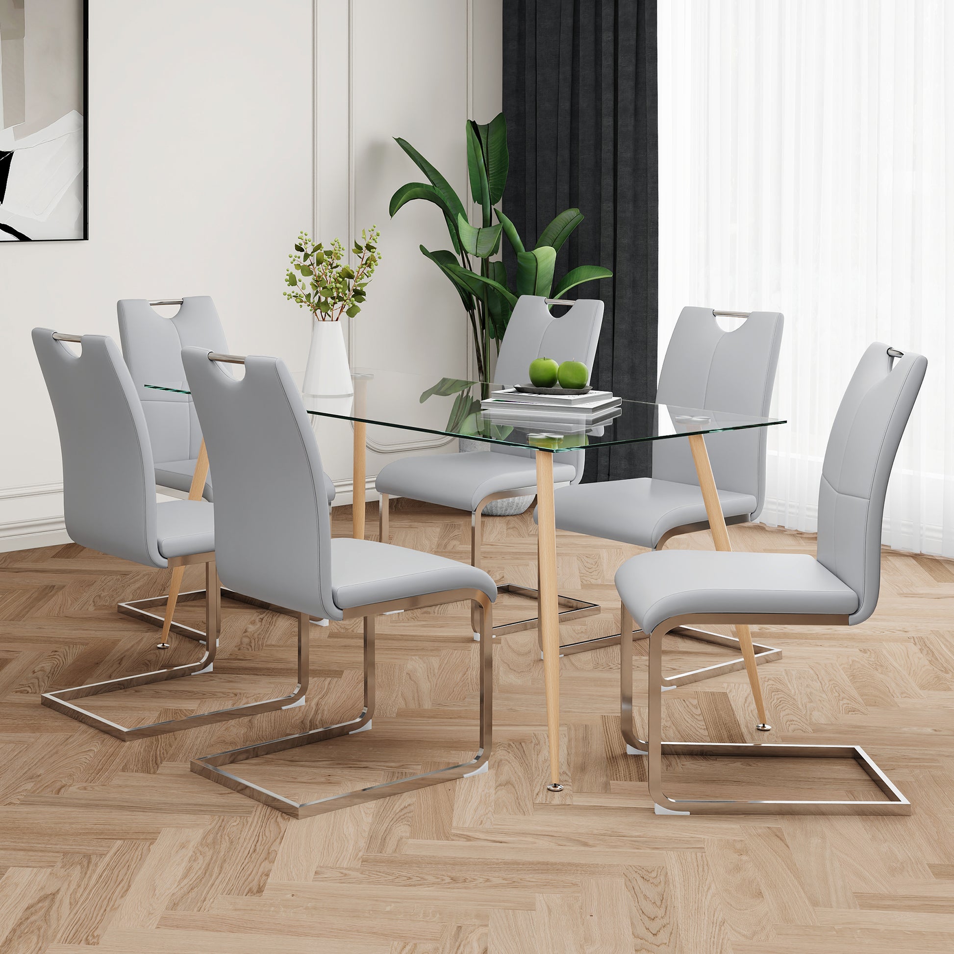 Modern Simple Rectangular Glass Dining Table, Solid Tempered Glass Countertop, Wood Transfer Metal Table Legs, Gray Pu Dining Chair Set, Suitable For Restaurant Kitchen Use Set Of 7 Upholstered Chair Glass Gray Pu Seats 6 Metal Rectangular Dining Table