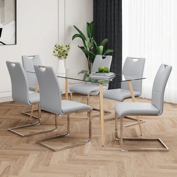 Modern Simple Rectangular Glass Dining Table, Solid Tempered Glass Countertop, Wood Transfer Metal Table Legs, Gray Pu Dining Chair Set, Suitable For Restaurant Kitchen Use Set Of 7 Upholstered Chair Glass Gray Pu Seats 6 Metal Rectangular Dining Table