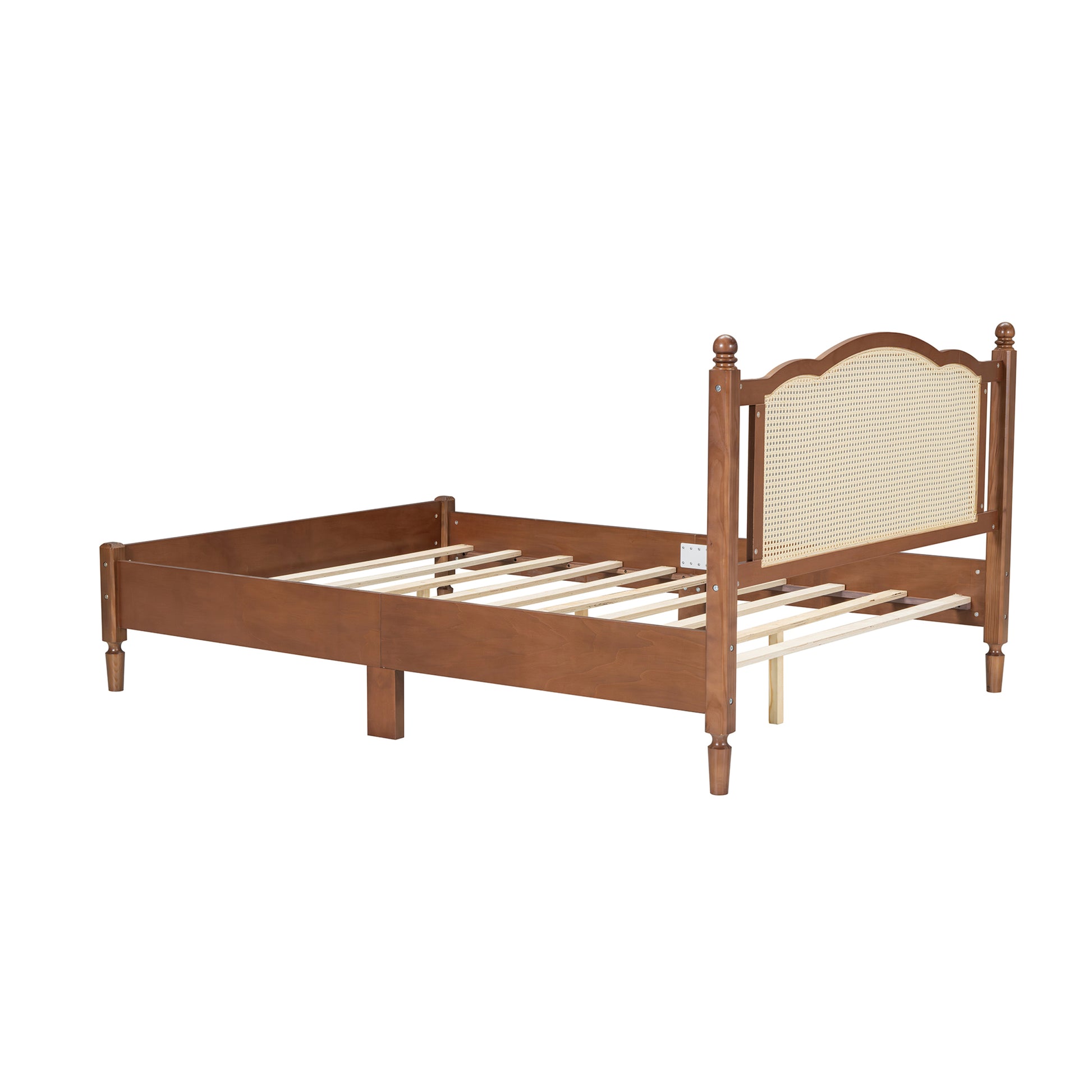 Queen Size Wooden Platform Bed With Natural Rattan Headboard, Vintage Bed Frame With Wooden Slat Support, Walnut Expected Arrival Time: 08.23 Box Spring Not Required Queen Walnut Wood
