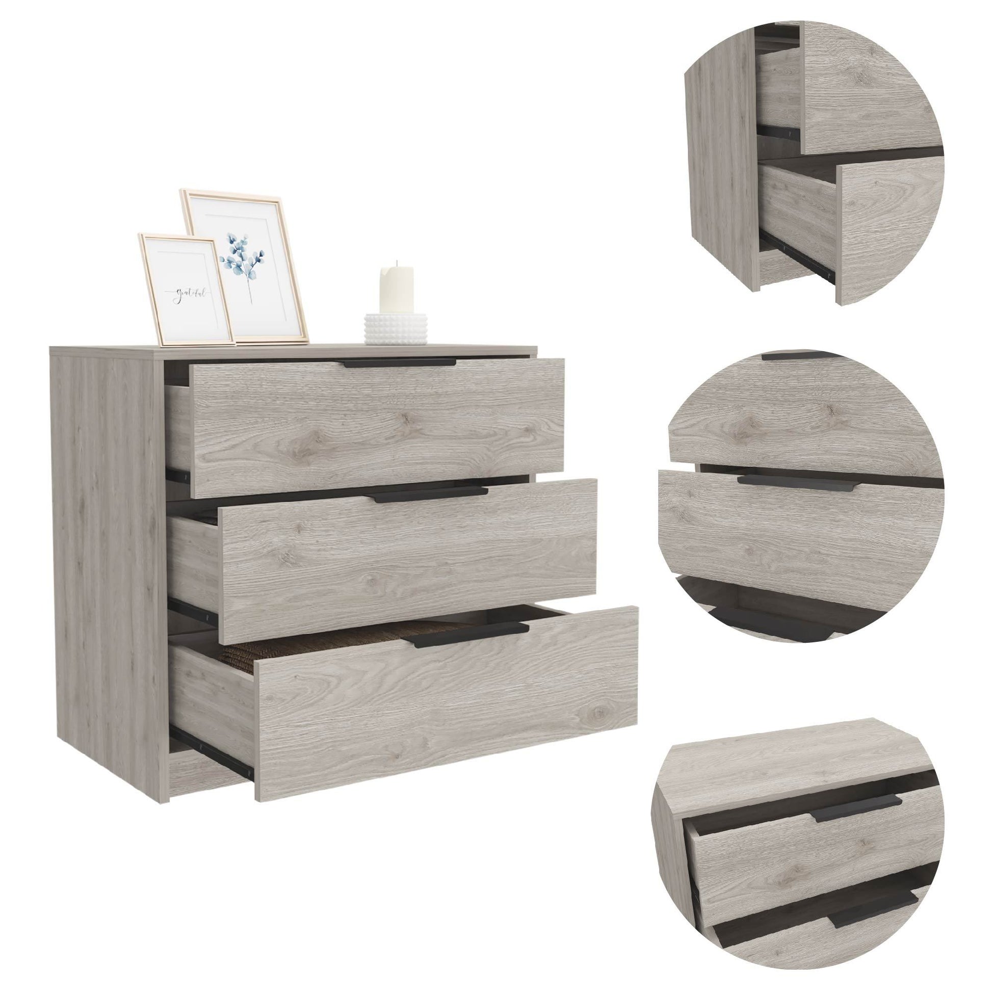 Kaia 3 Drawers Dresser, Superior Top Light Gray Gray Drawer 3 Drawers Bedroom Shelf Modern Particle Board Particle Board