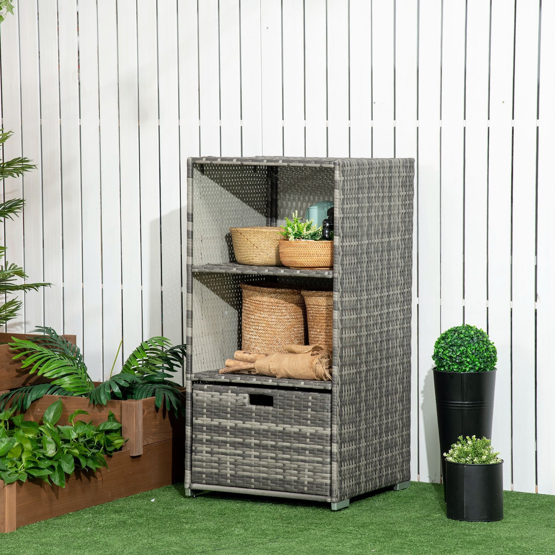 Outsunny Valet Pool Towel Rack, Waterproof Pe Plastic Rattan Wicker Storage Organizer, Indoor Outdoor Spa, And Hot Tub Accessory Storage, 2 Shelves, 1 Basket Drawer, Gray Grey Rattan
