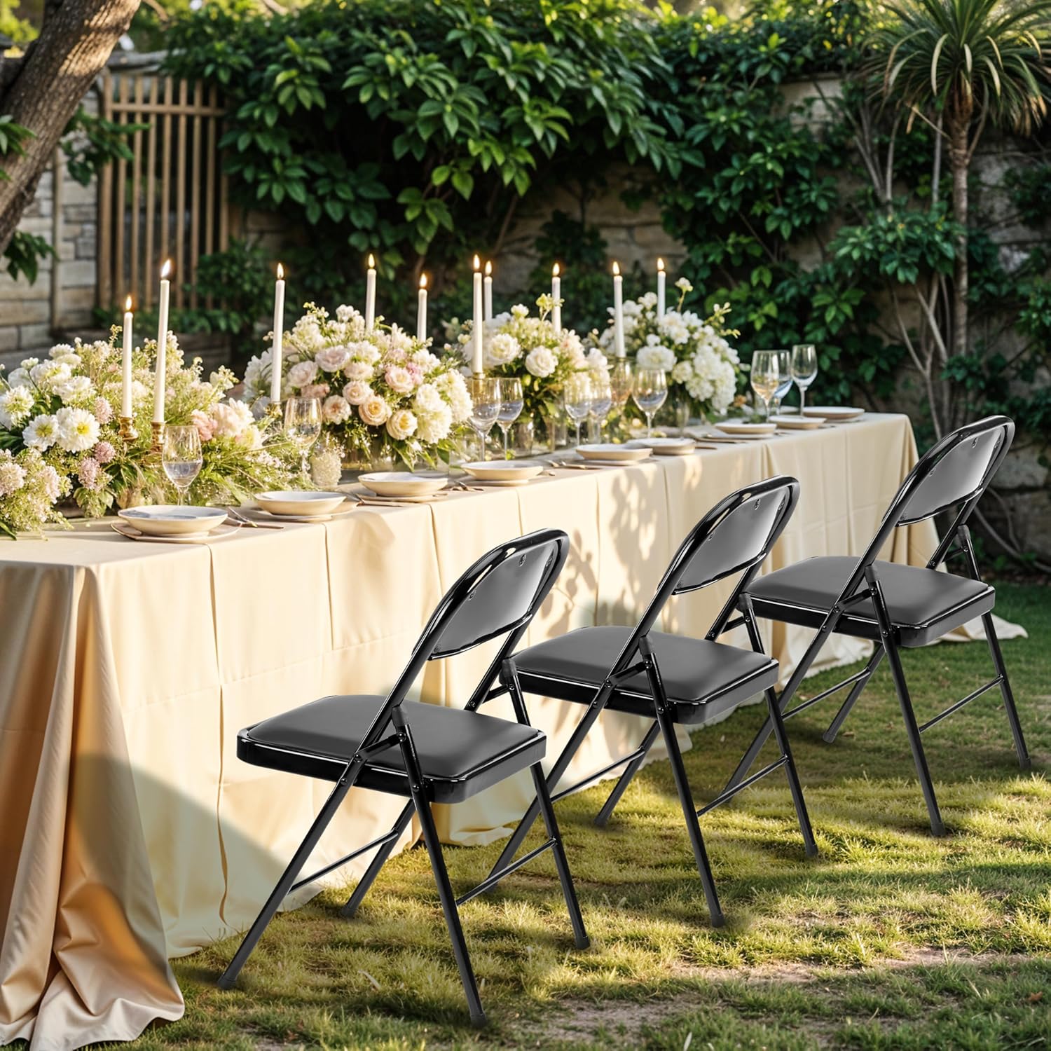 4 Pack Folding Chairs With Leather Padded Cushion Seats & Durable Metal Frame, Comfortable, Foldable, Portable, Commercial Event Seat, Indoor Outdoor For Parties, Home, Office, Black Black Leather