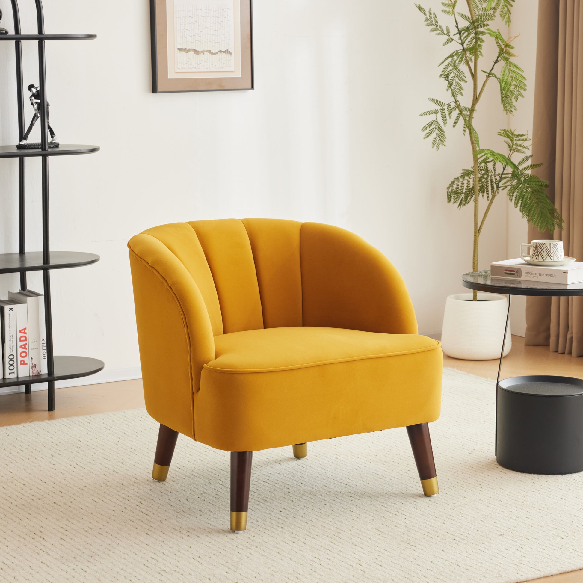Upholstered Barrel Accent Chair With Wooden Legs Orange Rubberwood Velvet