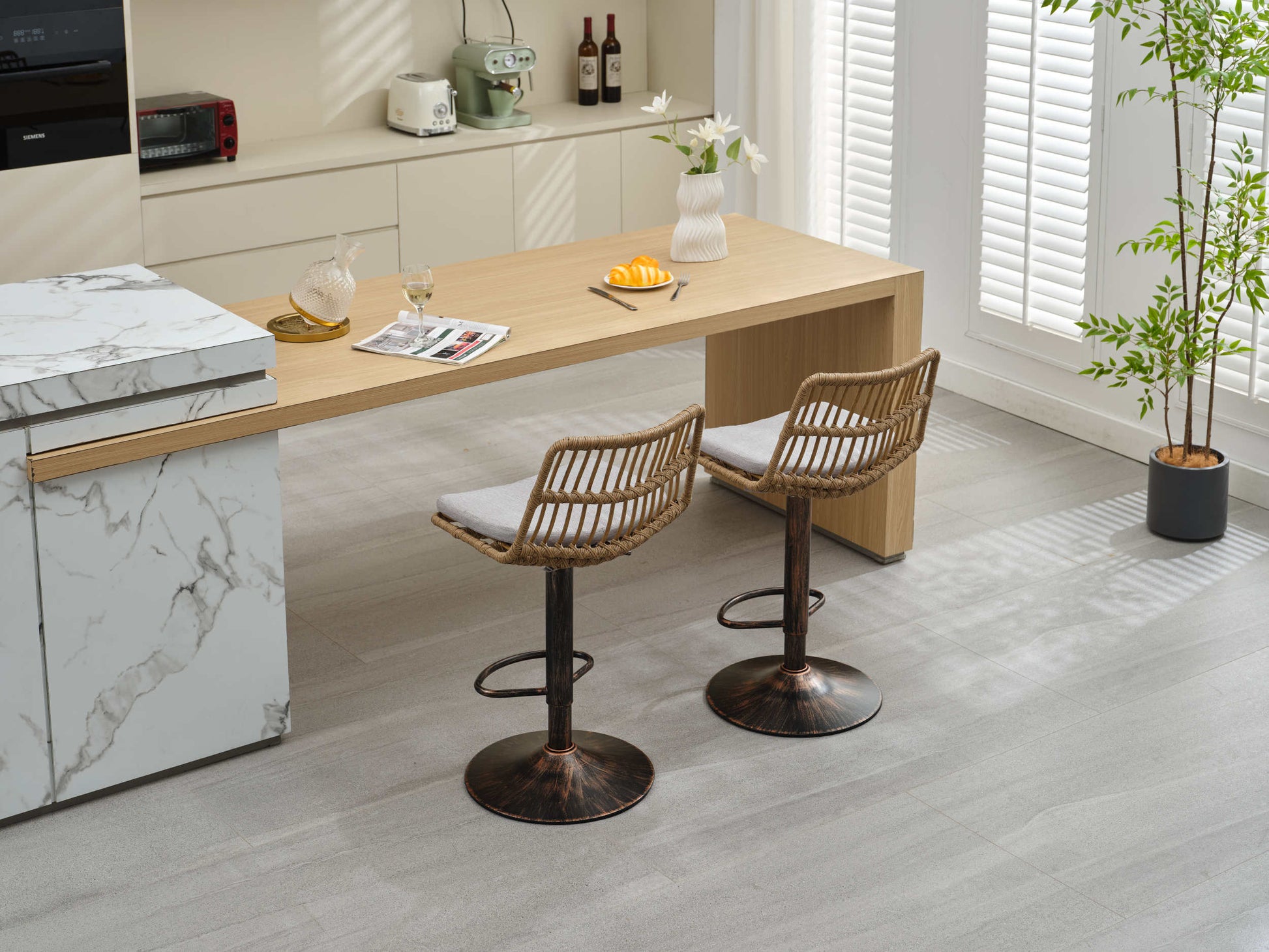 Set Of 2 Rattan Bar Stool, 360 Swivel Bar Chair, Counter Height Chair With Footrest For Kitchen, Dining Room Grey Wicker