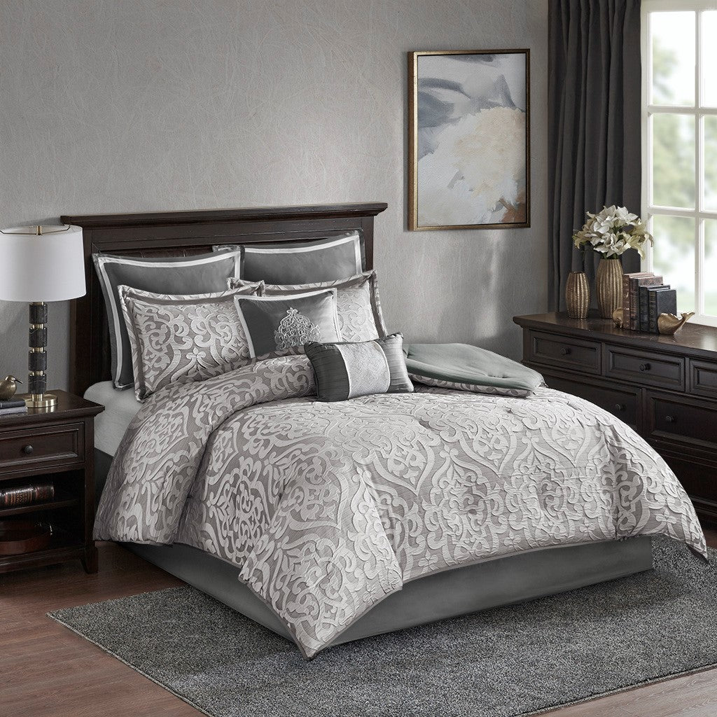 8 Piece Jacquard Comforter Set Silver Silver Cal King California King Silver Silver Polyester