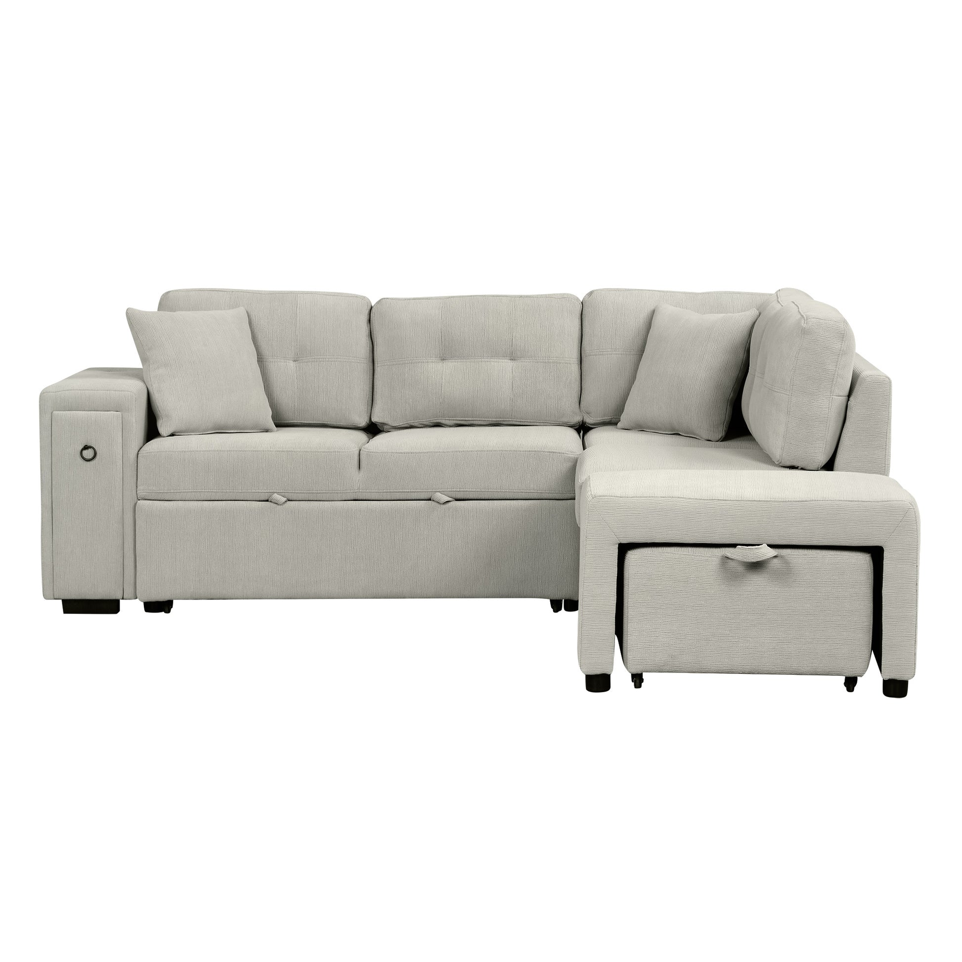 86.6" Sectional Sofa L Shaped Sofa Couch Pull Out Sofa Bed With A Movable Ottoman, Two Usb Ports And Two Cup Holders For Living Room, Gray Grey Foam Chenille 4 Seat