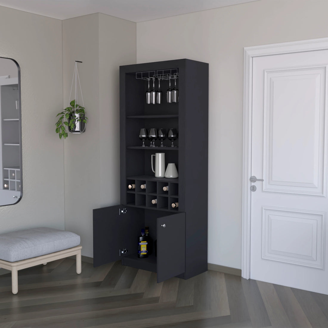 Black Bar Cabinet With Wine Storage And Three Shelves Standard Black Shelves Included Wood