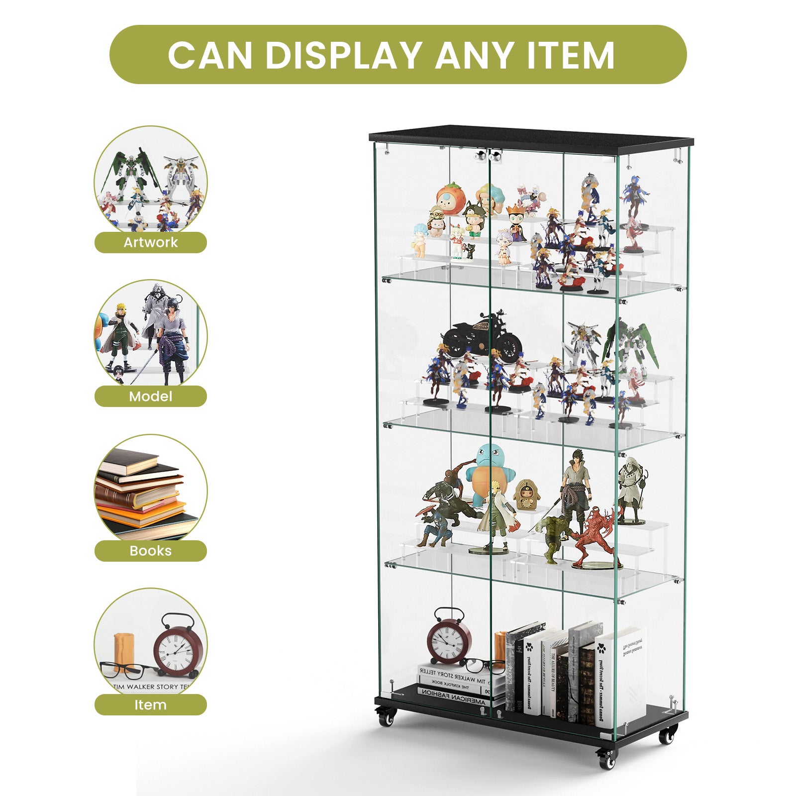 4 Tier Glass Display Cabinet, Double Door Glass Cabinet With Two Locks, Floor Standing Storage Cabinet With 6 Acrylic Shelves For Living Room, Bedroom And Office, Black, 31.5"L X 14.2"W X 65.1"H