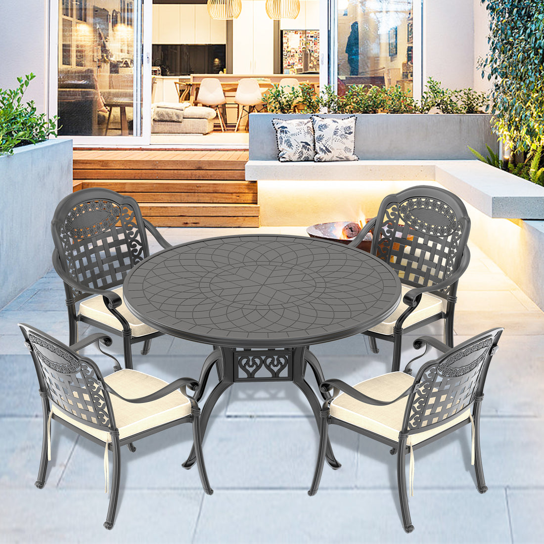 Cushions In Random Colors 5 Piece Set Of Cast Aluminum Patio Furniture With Cushions Yes Dining Set Black Seats 4 Rust Resistant Frame Water Resistant Cushion Garden & Outdoor Complete Patio Sets Aluminium