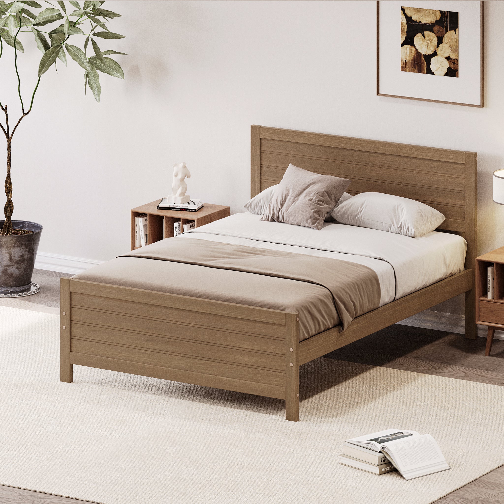 Wood Platform Bed Frame With Headboard, Mattress Foundation With Wood Slat Support, No Box Spring Needed, Full Size, Walnut Box Spring Not Required Full Walnut Wood Solid Wood Mdf