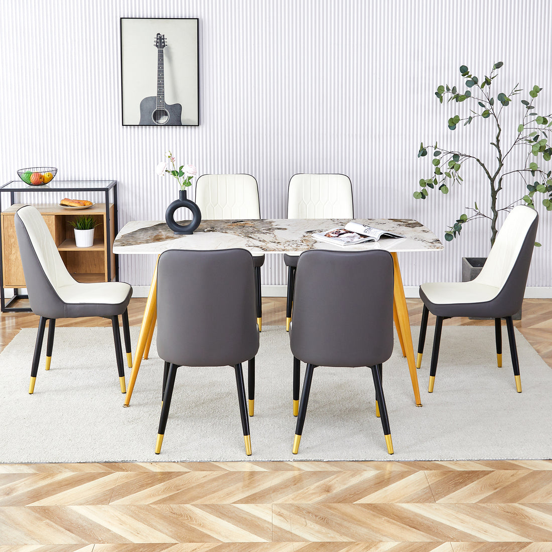 Table And Chair Set.Modern Minimalist Dining Table. White Imitation Marble Pattern Sintered Stone Desktop With Golden Metal Legs.Paried With 6 Comfortable Chairs With Pu Seats And Black Metal Legs.