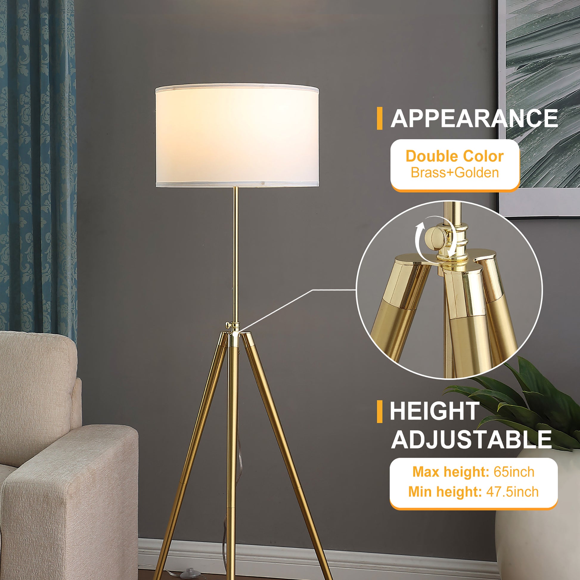 64" 47"H Adjustable Height Brass Shiny Gold Modern Tripod Floor Lamp For Living Room, Standing Lamp For Bedroom Gold White Fabric Metal