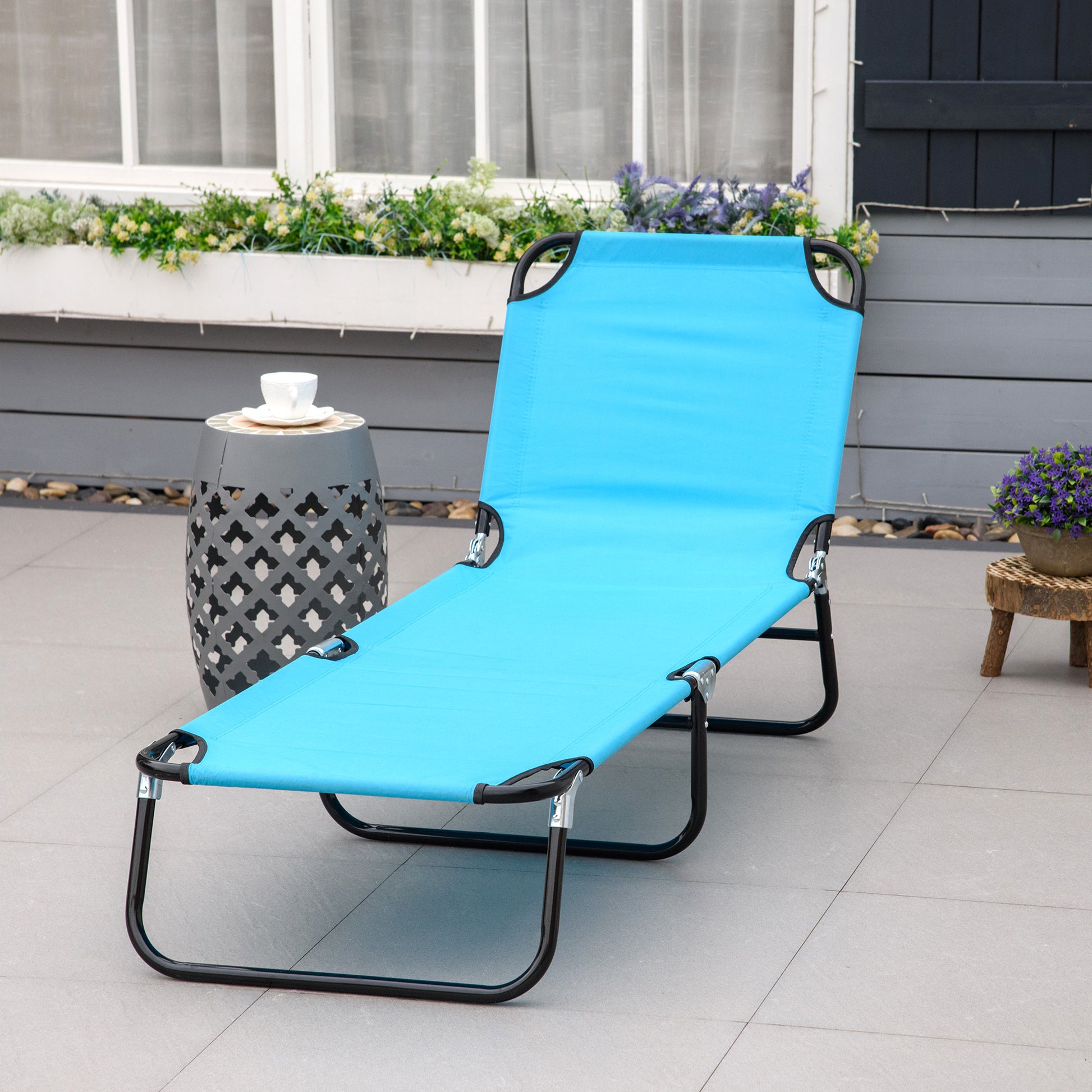 Outsunny Folding Chaise Lounge Pool Chairs, Outdoor Sun Tanning Chairs With 5 Level Reclining Back, Steel Frame For Beach, Yard, Patio, Sky Blue Blue Steel