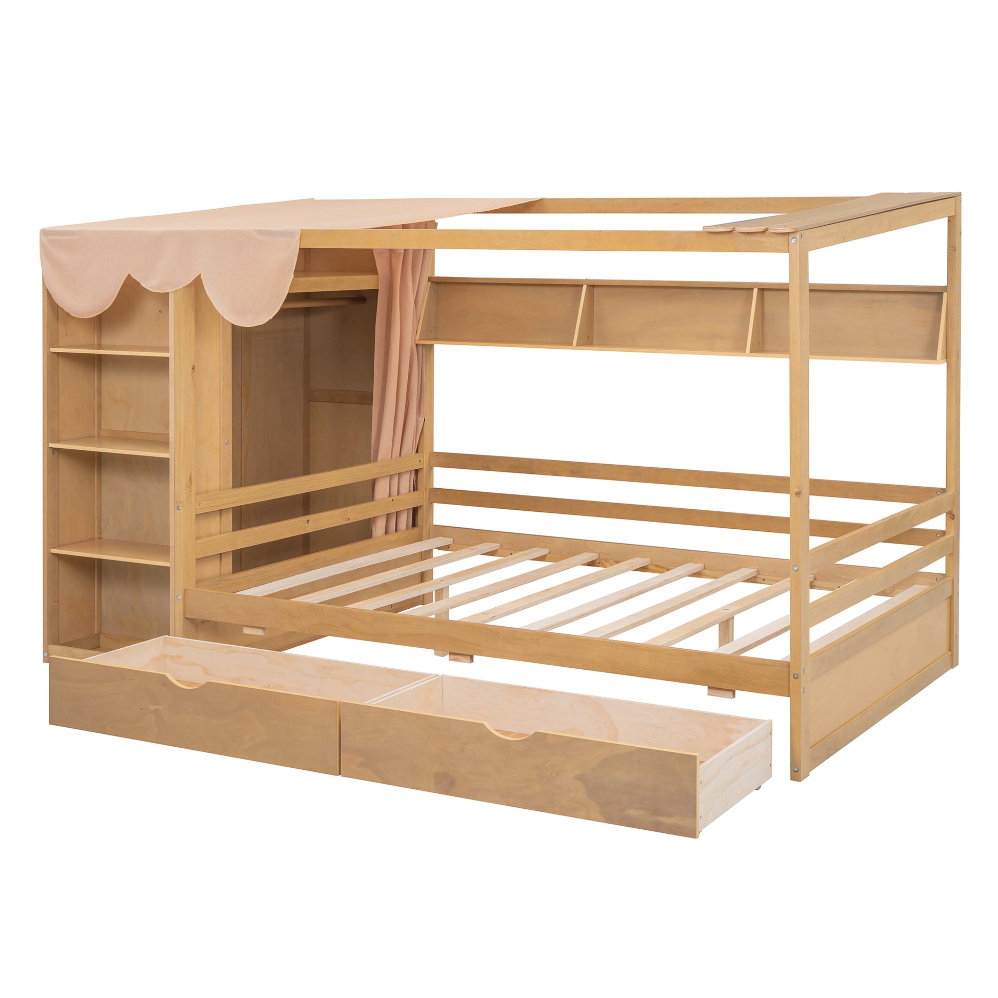 Full Size House Bed With Two Drawers And Wardrobe,Natural Full Natural Solid Wood