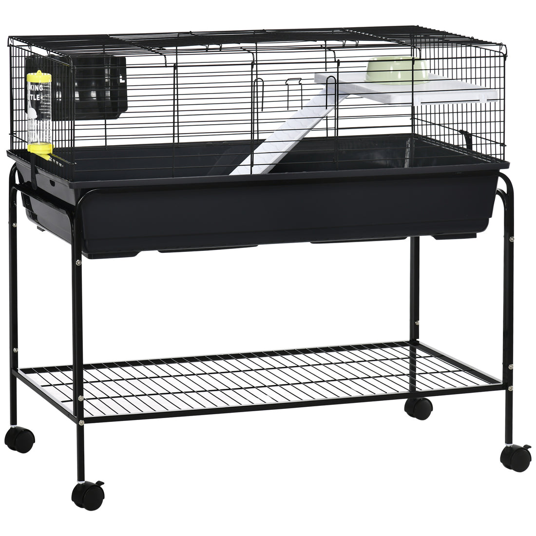 Pawhut Two Story Small Animal Cage Removable From Stand, Guinea Pig Cage, Hedgehog Cage, Chinchilla Cage, Ferret, With Shelf & Wheels, Pet Habitat, 39" X 20.5" X 36.5" Black Grey Plastic